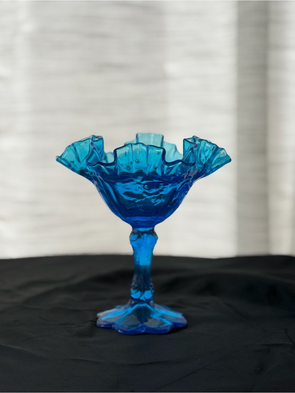Fenton Cabbage Ruffled Blue Candy Dish